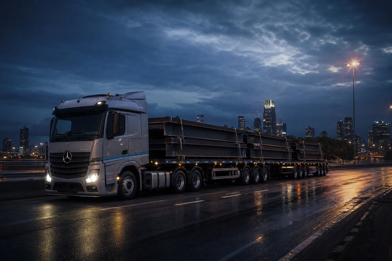 Flat deck superlink carrying steel beams at dusk