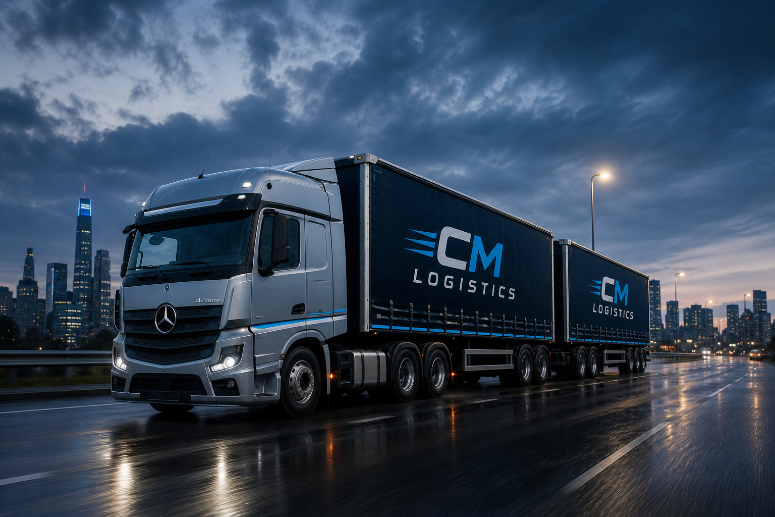 CM Logistics tautliner superlink on a wet highway at dusk